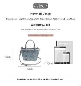 Detailed size chart for denim handbag with dimensions and capacity specifications