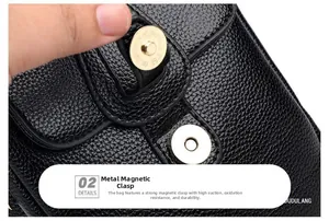 Dettaglio della chiusura magnetica dorata sulla borsa a tracolla in pelle nera
