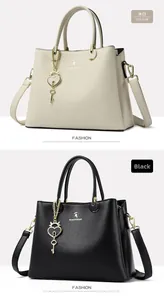 Detailed comparison of beige and black lychee texture tote bags with heart-shaped key charms