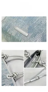 Detailed view of shimmering sequins on blue denim bucket bag with knotted handle