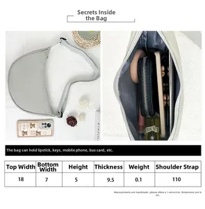 Guide des tailles du sac croissant en nylon montrant les dimensions et l'intérieur