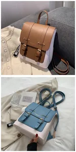 Detail showing two-tone PU leather backpacks in brown and blue with retro strap buckles