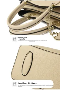 Detail of reinforced tote handle and protective base patches on beige leather bag