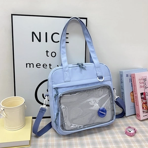 Japanese style light blue ita bag with transparent front pocket for students