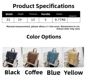 Detailed size specifications and four available colors of the casual PU leather backpack