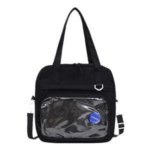 Japanese style black canvas tote bag with transparent PVC window and adjustable strap