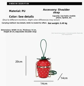 Detailed size specifications for the strawberry shaped pearl studded PU handbag
