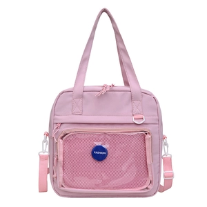 Pink Japanese style ita bag with transparent mesh pocket and adjustable shoulder strap