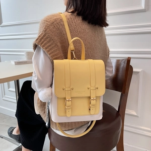 Chic yellow and white contrast PU leather backpack with gold buckles for women