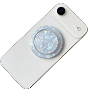 Universal magnetic phone socket holder with iridescent blue pearl shell texture on white phone