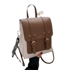 Contrast PU leather backpack with vintage brown flap and cream body for women