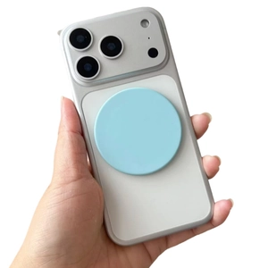 Light blue magnetic phone ring holder and makeup mirror on a clear mobile case