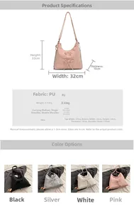 Detailed size chart for stylish PU bow shoulder bag with dimensions and material info