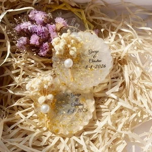 Custom resin fridge magnet with gold foil, white dried flowers and wedding date