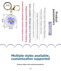 Detail of real purple flower resin keychain showing 4cm diameter and gold metal ring