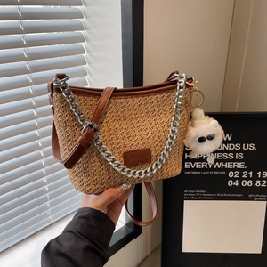 Women Straw Woven Bucket Bag Striped Summer Casual Crossbody Purse With Metal Chain And Plush Charm