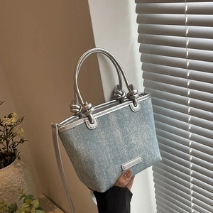 Women Fashion Denim Crossbody Bag With Sequin Rhinestone Decor Knotted Handle Handbag For Daily Casual Wear