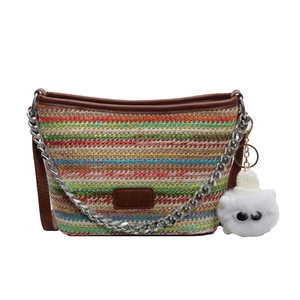 Colorful striped straw bucket bag with silver chain and fashion leather patch