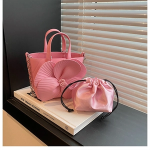 Pink petal handbag with 3D camellia decor, drawstring inner bag and chain strap
