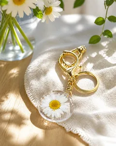 Detail of round resin keychain with real white daisy flowers and golden alloy ring