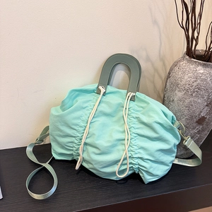 Pleated Drawstring Tote Bag Large Capacity Lightweight Fabric Shoulder Crossbody Handbag For Women Daily Casual Minimalist