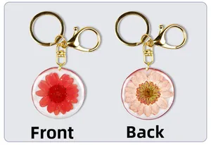 Front and back detail of resin keychain with real preserved flowers and gold metal ring