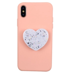 Pink matte iPhone case with a heart-shaped glitter pop socket on a white background
