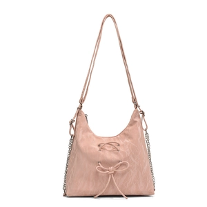 Pink ribbon shoulder bag with pleated texture and silver chain strap for women