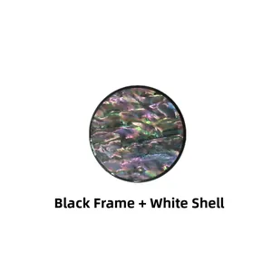 Macro view of a round black phone stand featuring a natural iridescent white shell inlay