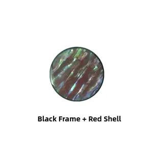 Detail view of a circular black phone stand with iridescent red shell inlay design