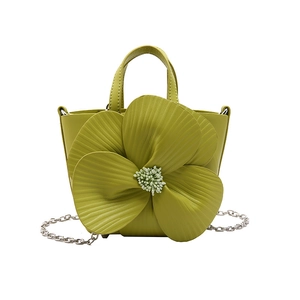 Lime green PU leather handbag with 3D floral accent and silver chain strap