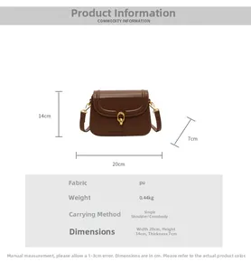 Detailed size specifications of brown PU crossbody bag showing 20x14x7cm dimensions