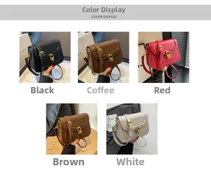 Color display of five retro square crossbody bags with decorative golden metal knots