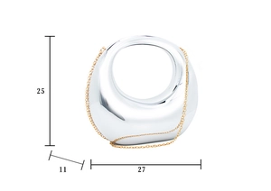 Detailed dimensions of silver mirror acrylic evening bag with gold chain and circular handle
