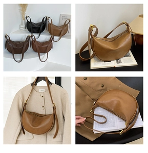 Details der weichen Leder-Halbmondtaschen mit verstellbaren Trägern und matten Zippern