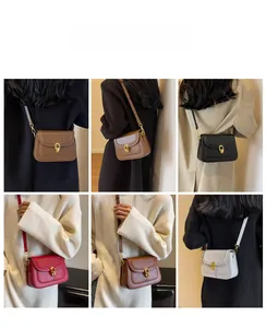 Model view of multiple color leather crossbody bags with golden ring metal buckle