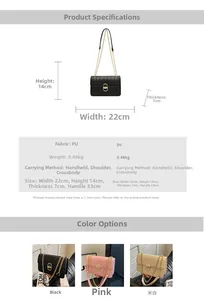 Infografik mit Details zur strukturierten PU-Leder Schultertasche mit goldener Kette