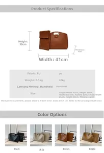 Detailed size specifications for large PU tote bag and inner pouch two-piece set