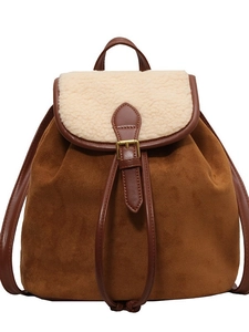 Zaino retrò da donna in finto shearling e pelle scamosciata marrone con cinturini in pelle