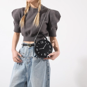 Sac bandoulière créatif rond noir en forme d'horloge avec chiffres blancs et chaîne