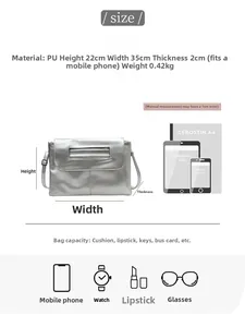 Detailed size chart for silver PU leather clutch showing 22x35x2cm dimensions and capacity
