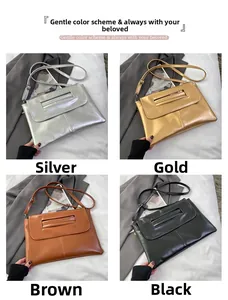 Detailed views of crossbody envelope bags in silver, gold, brown and black leather finishes