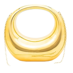 Modern gold crescent handbag with circular handle and thin metal chain strap on white background