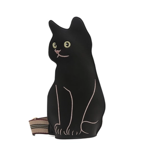 Cute black cat shaped crossbody shoulder bag with cartoon embroidery and striped strap
