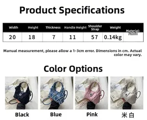 Detailed size specifications and multi-color options for denim quilted tassel hobo bag