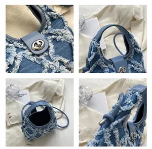 Detailed views of denim crescent bag showing silver hardware and fringe texture