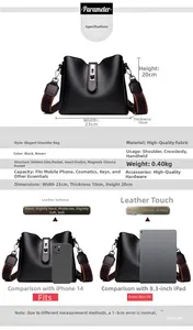 Size chart for soft leather bucket bag showing dimensions 23x10x20cm and capacity details