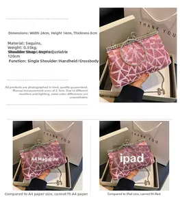 Detailed specs of pink sequin clutch bag with metal handle and silver chain strap