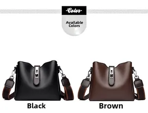Detail of soft lychee grain leather buckets in black and brown with metal buckles