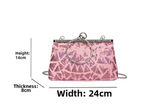 Pink sequin evening bag with metal ring handle, size 24cm width by 14cm height